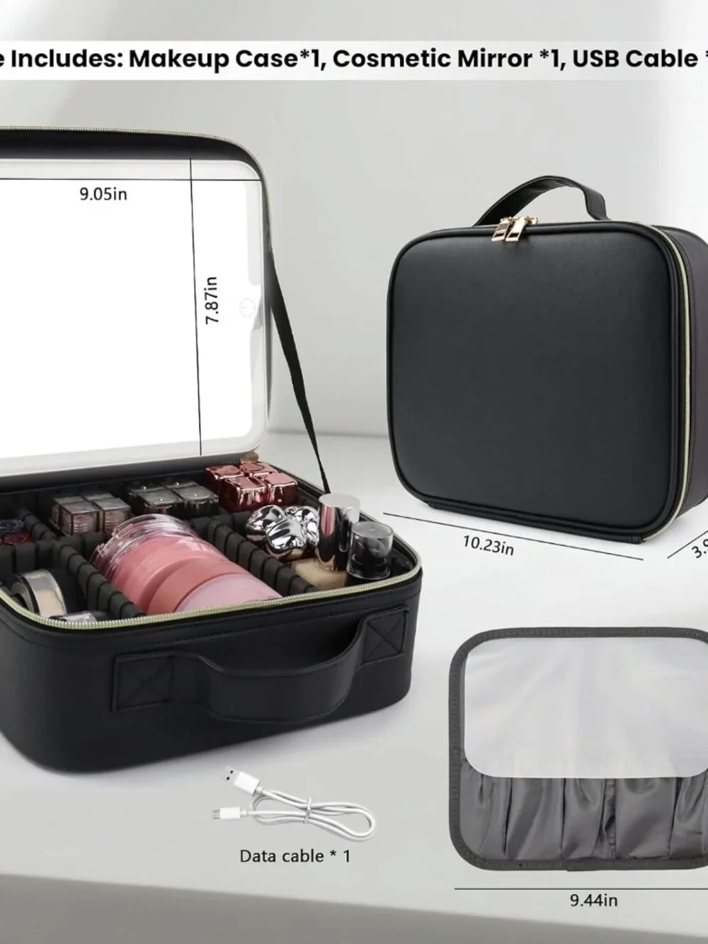 LED Lighted Makeup Train Case Travel Cosmetic Organizer Black USB Rechargeable